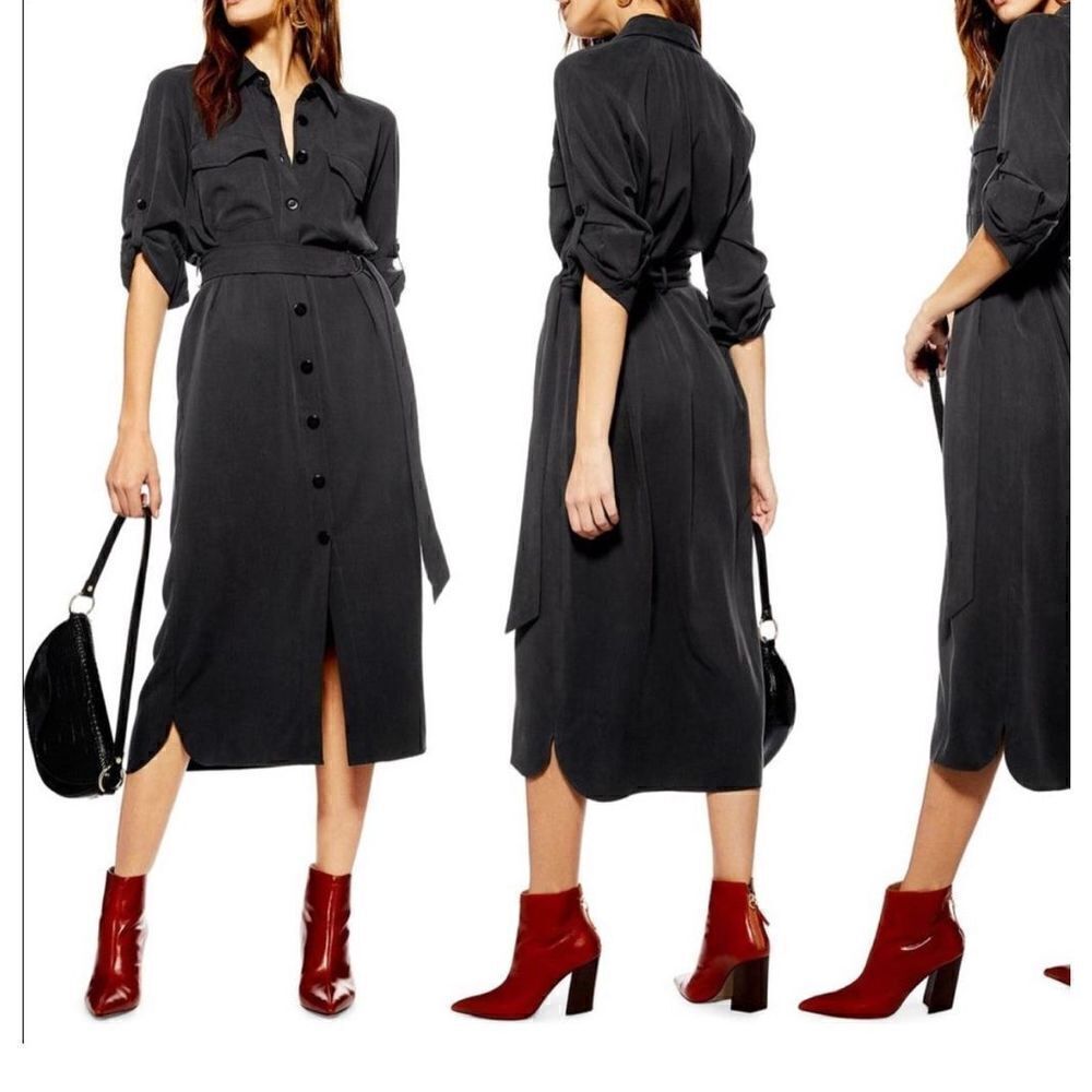TopShop navy midi roll up sleeve dress NWT 8‎